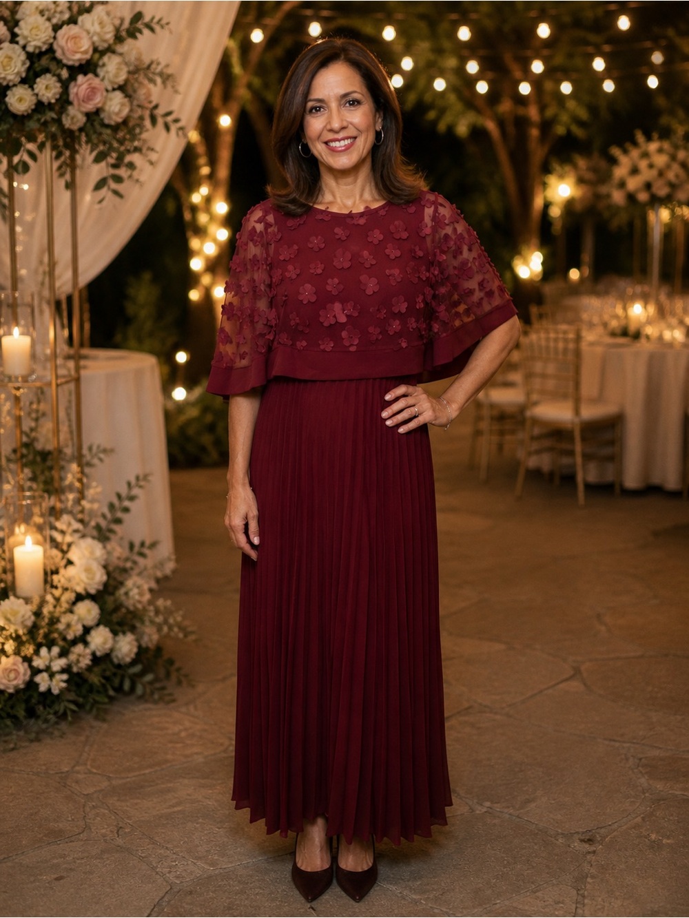 SHEIN Burgundy Floral-Appliqué Pleated Maxi Dress